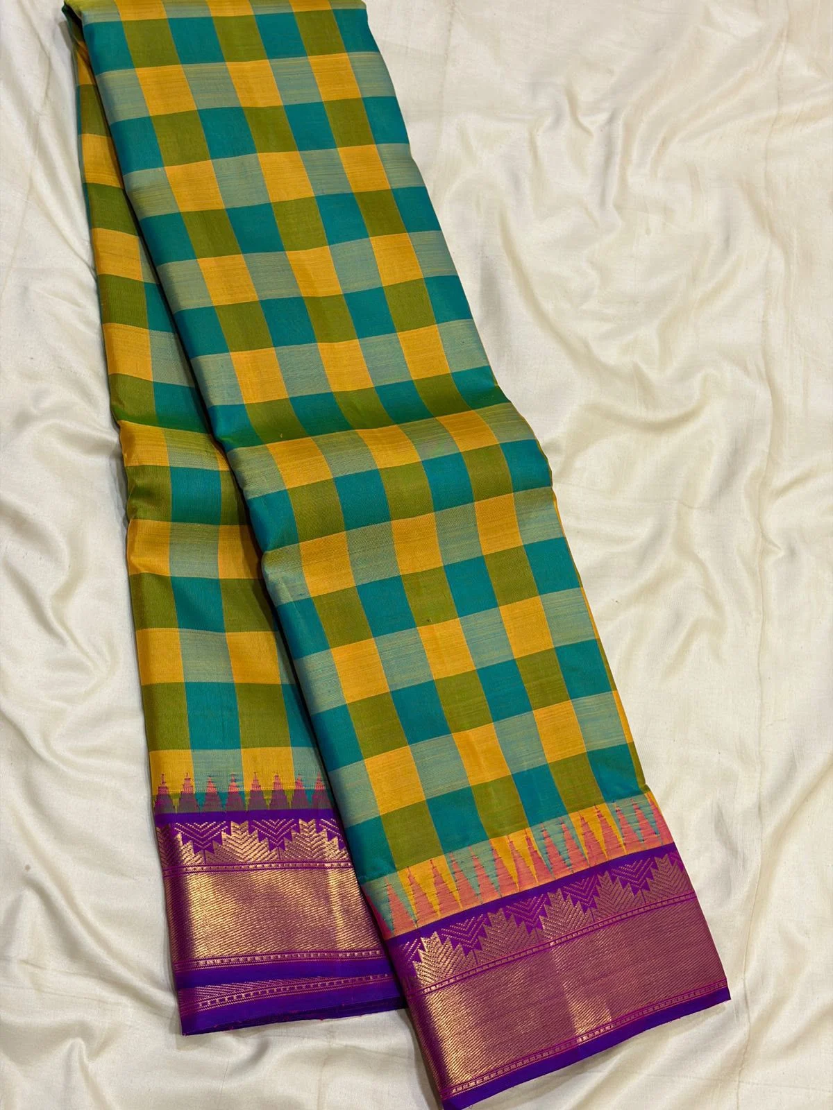 Teal Mustard Big Kattam Korvai Contrast Kanchipuram Silk Saree